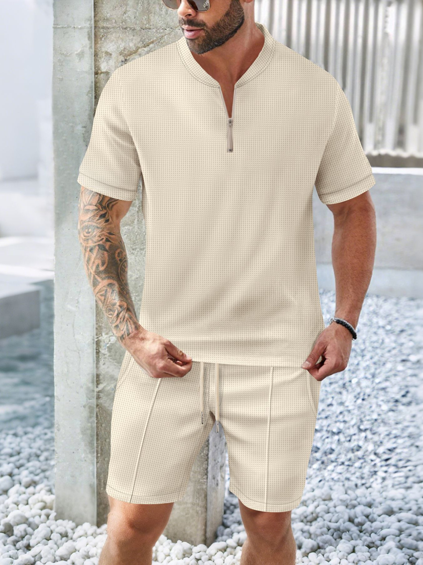 Men's Waffle Stand Collar Zip Set Casual Breathable Short Sleeve_voghion.com