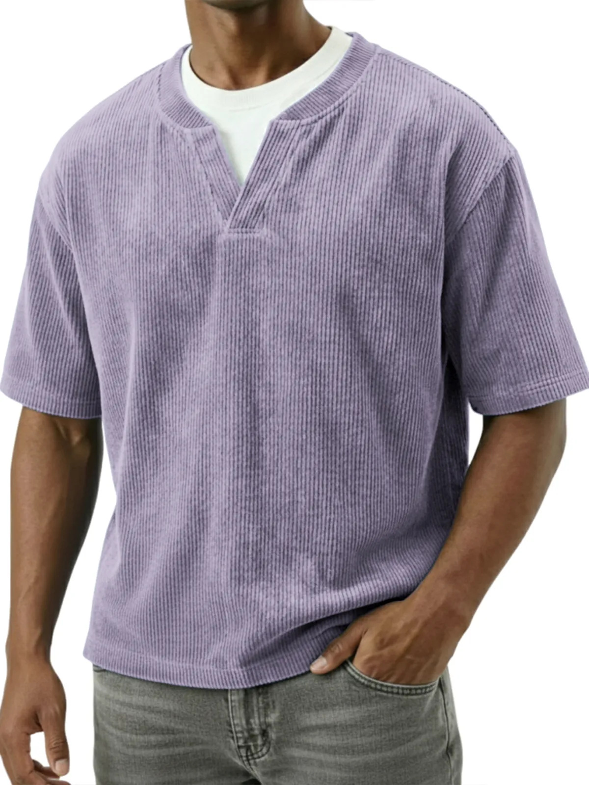 T-shirt uomo casual in velluto a coste con doppio collo_voghion.com