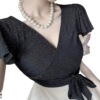 Sexy contrasting color waistband short sleeved large hem fluffy short dress
