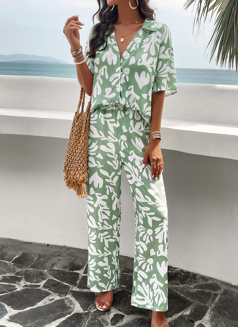 315g Weight Half Sleeve Sleeve Length Spandex Fabric Type Pant Co-ord Set Sets Type 2 Pieces Set Quantity Daily, Beach Occasion Turndown Neckline Slim Fit Type Printing, Geometric Pattern Summer Season Women's Gender Vacation Style Daily Beach Women's Vacation Printing Geometric Spandex Pant Co-ord Set Pants Sets 2