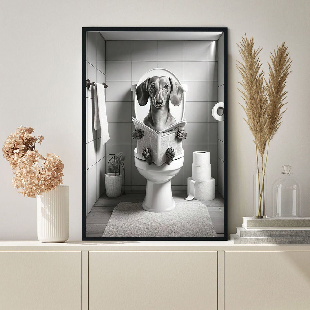 Cross-Border Hot-Selling Black and White Retro Cartoon Style Animal Decorative Painting Reading Newspaper on Toilet Bathroom Decorative Painting