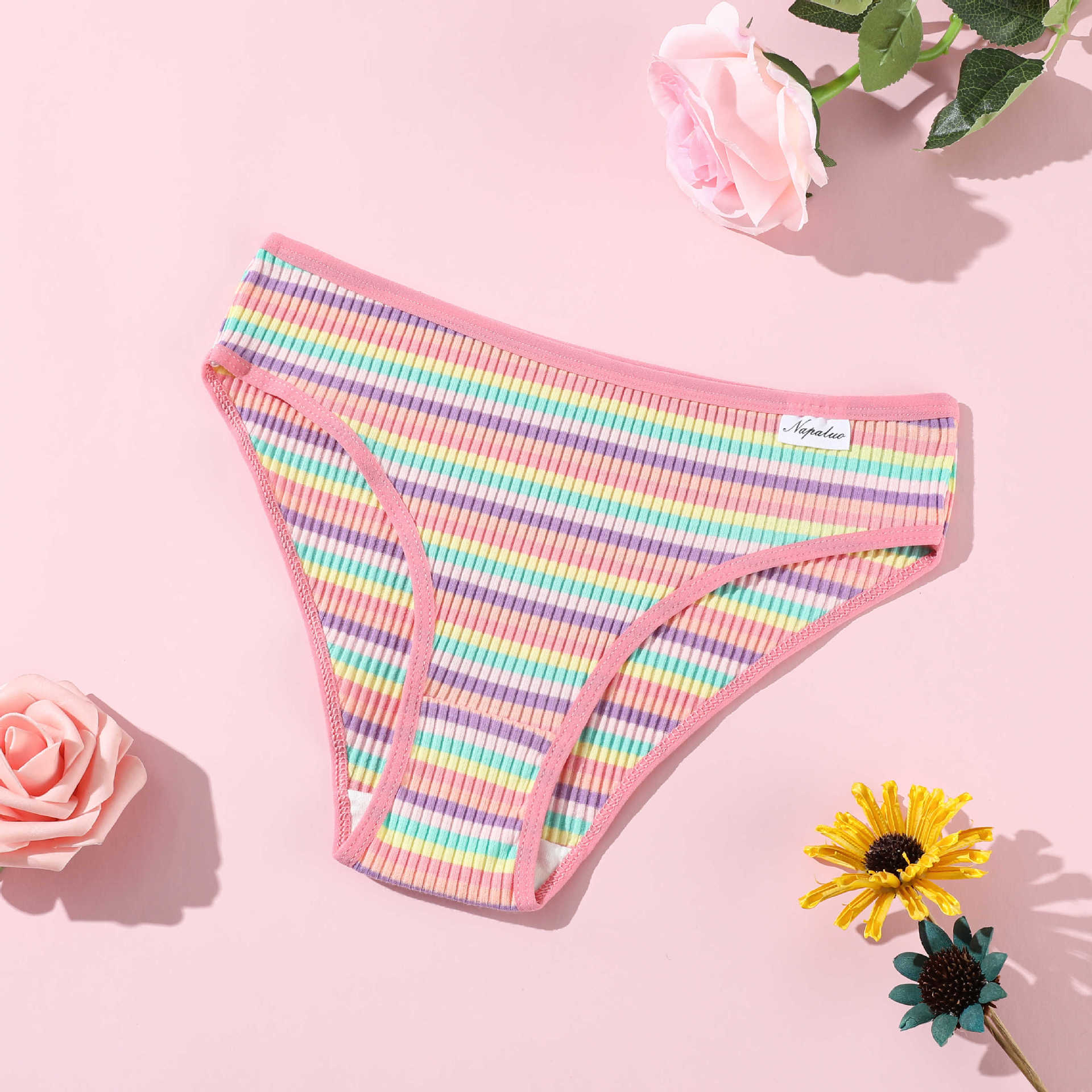 Nuevos calzoncillos de mujer con hilo de color de algodón puro, cintura baja, abdomen, transpirable, ropa interior de doble capa para niñas, procesamiento personalizado image 9