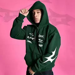 Trendy Novel Graphic Letter Print Hooded Cardigan Unisex Oversized Sweatshirt Wholesale (Streetwear Style Patchwork Design Jacket)