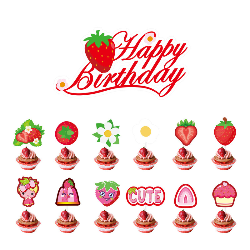 イチゴをテーマにしたハッピーバースデーパーティーデコレーションセット誕生日フラグケーキフラグスパイラルパーティー用品デコレーション|undefined