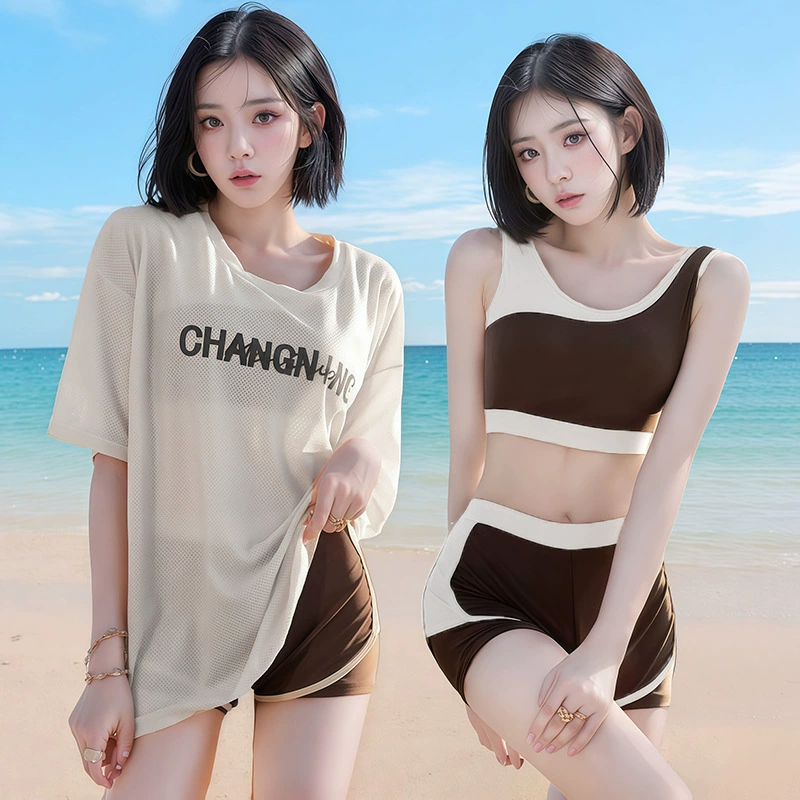 Женский купальник из двух частей, новый стиль лета 2025 года, консервативный, утягивающий, закрывающий живот, пляжный солнцезащитный, спортивный купальник-боксер из трех частей.