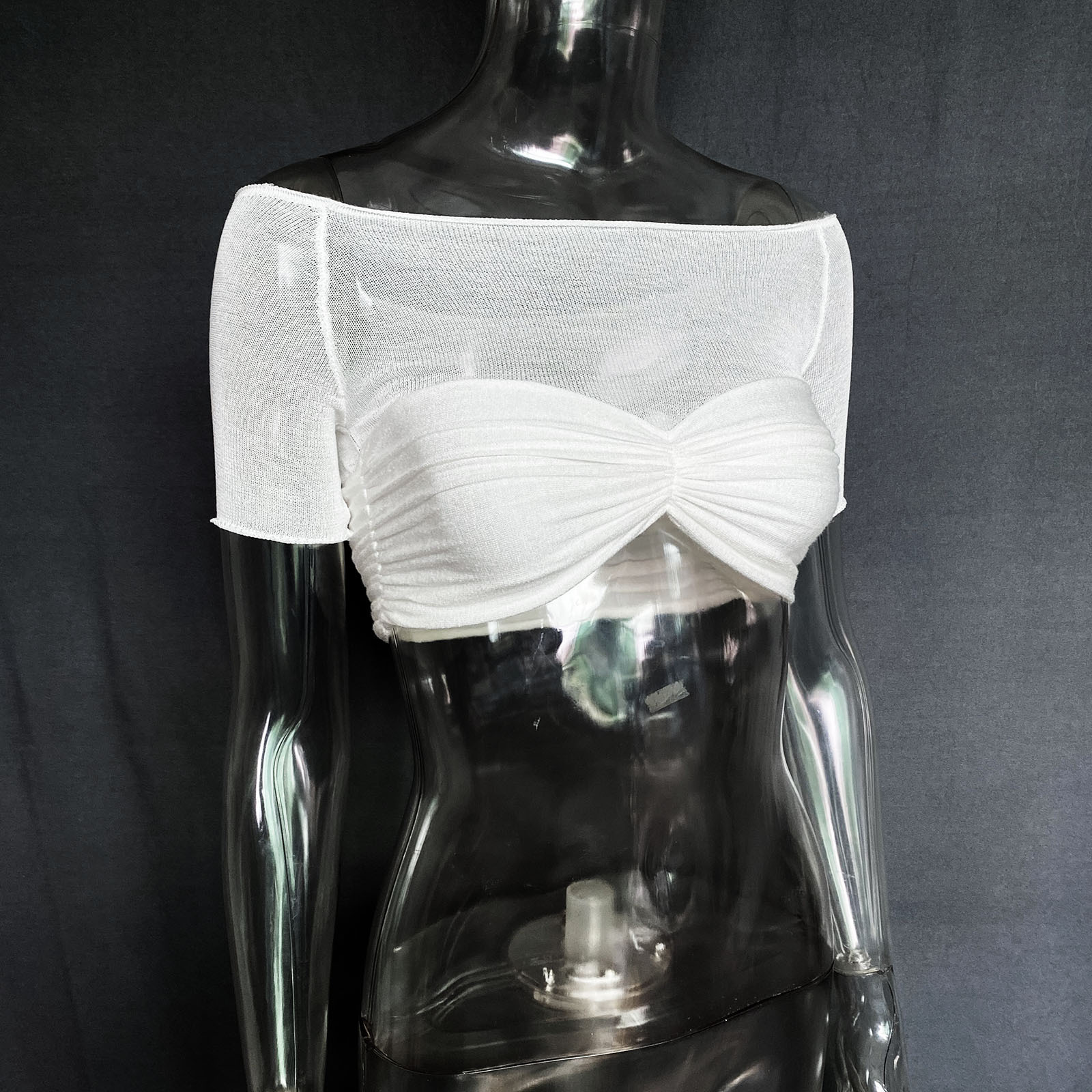 Spring Summer Women Clothes off-Shoulder Collar See Through Short Short Sleeve T Shirt