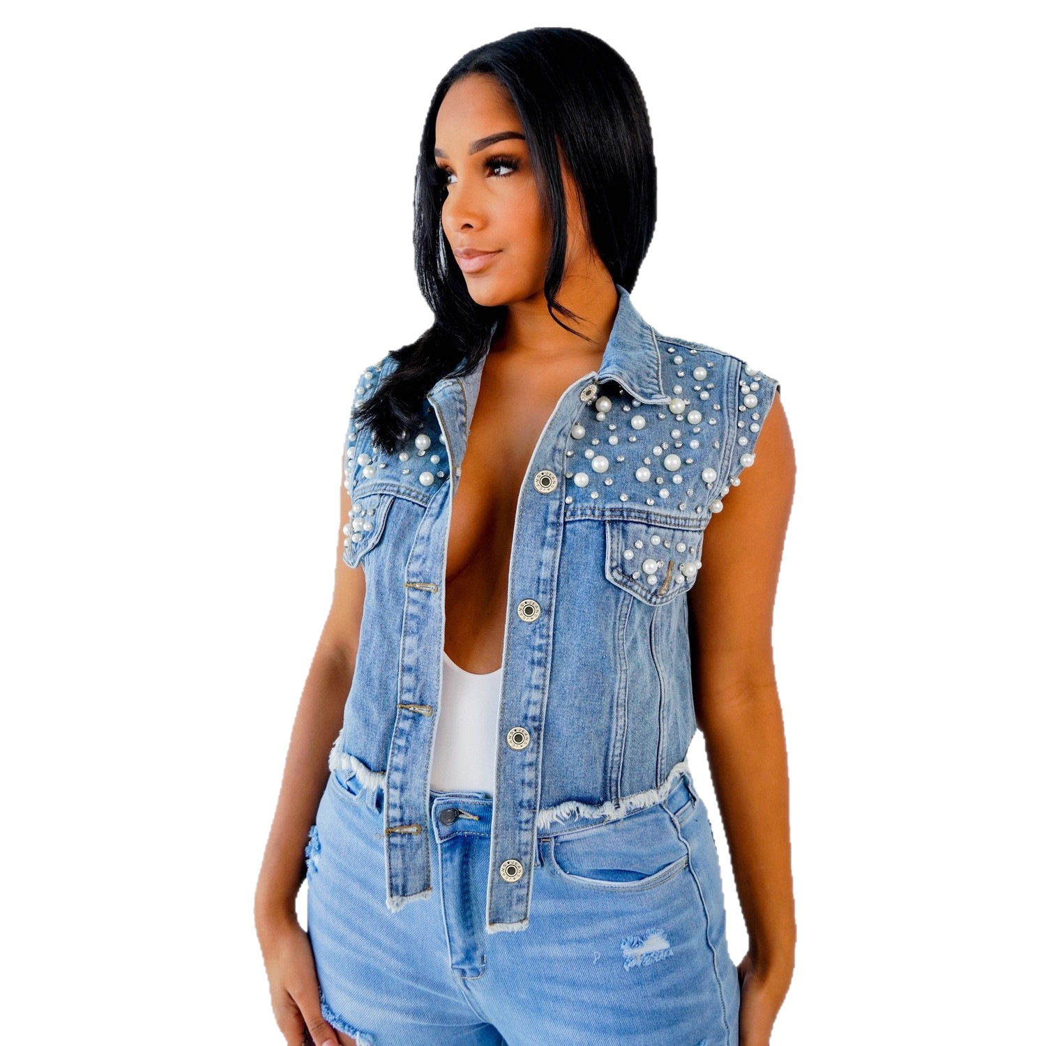 New Arrival Beaded Denim Vest Jacket For Women_voghion.com