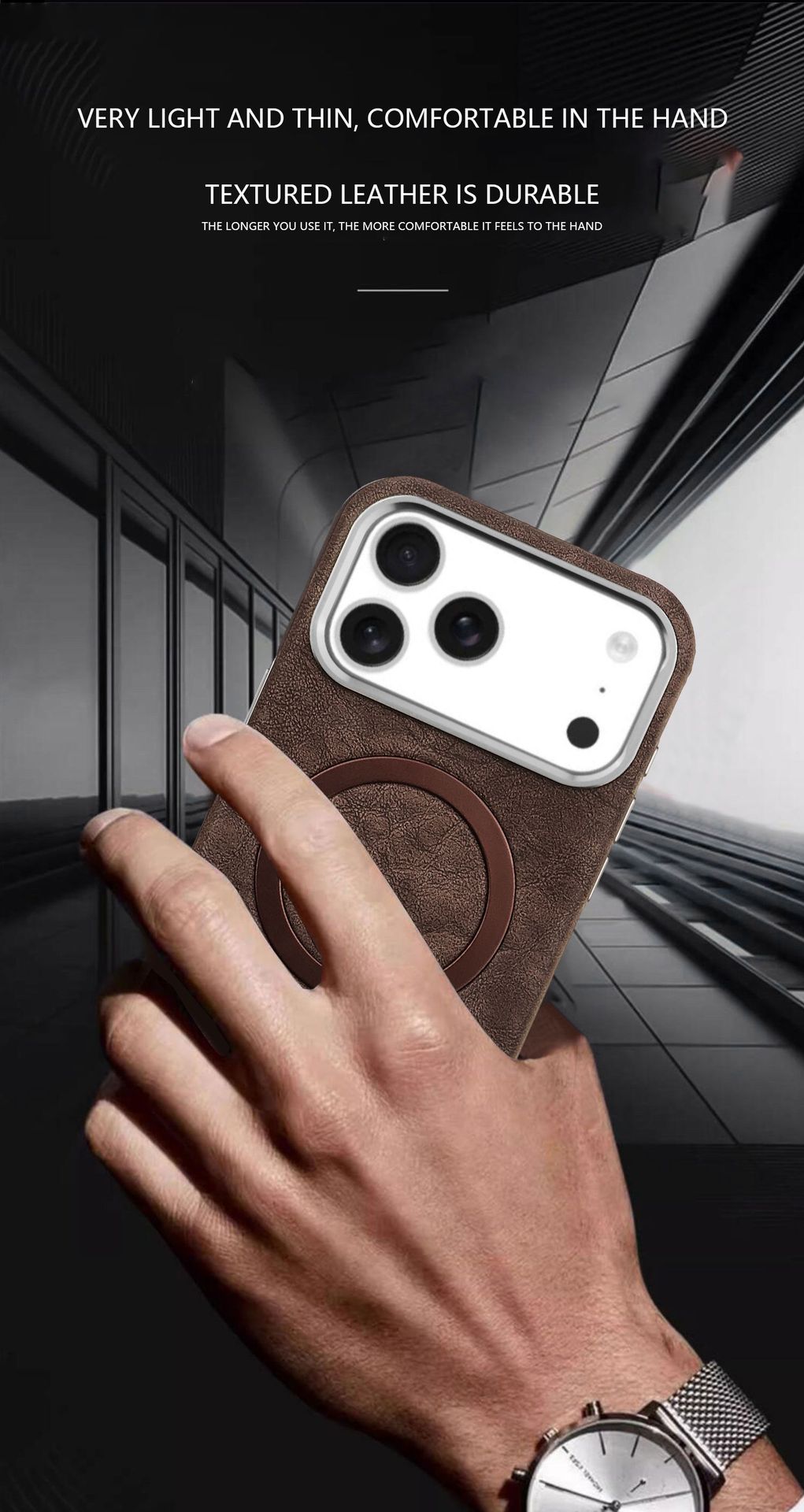 Ốp lưng da cao cấp từ tính cho iPhone 17 Pro Max, thiết kế mạ điện sang trọng — Đen quý phái, Xanh lam quý ông, Nâu thanh lịch, Nâu mocha chi tiết 6
