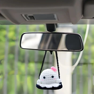 Cross-border New Cute Ghost Doll Halloween Hanging Accessories Car Rearview Mirror Hanging Accessories Handmade Crochet Hanging Accessories (Car hanging) - bow-ghost-doll
