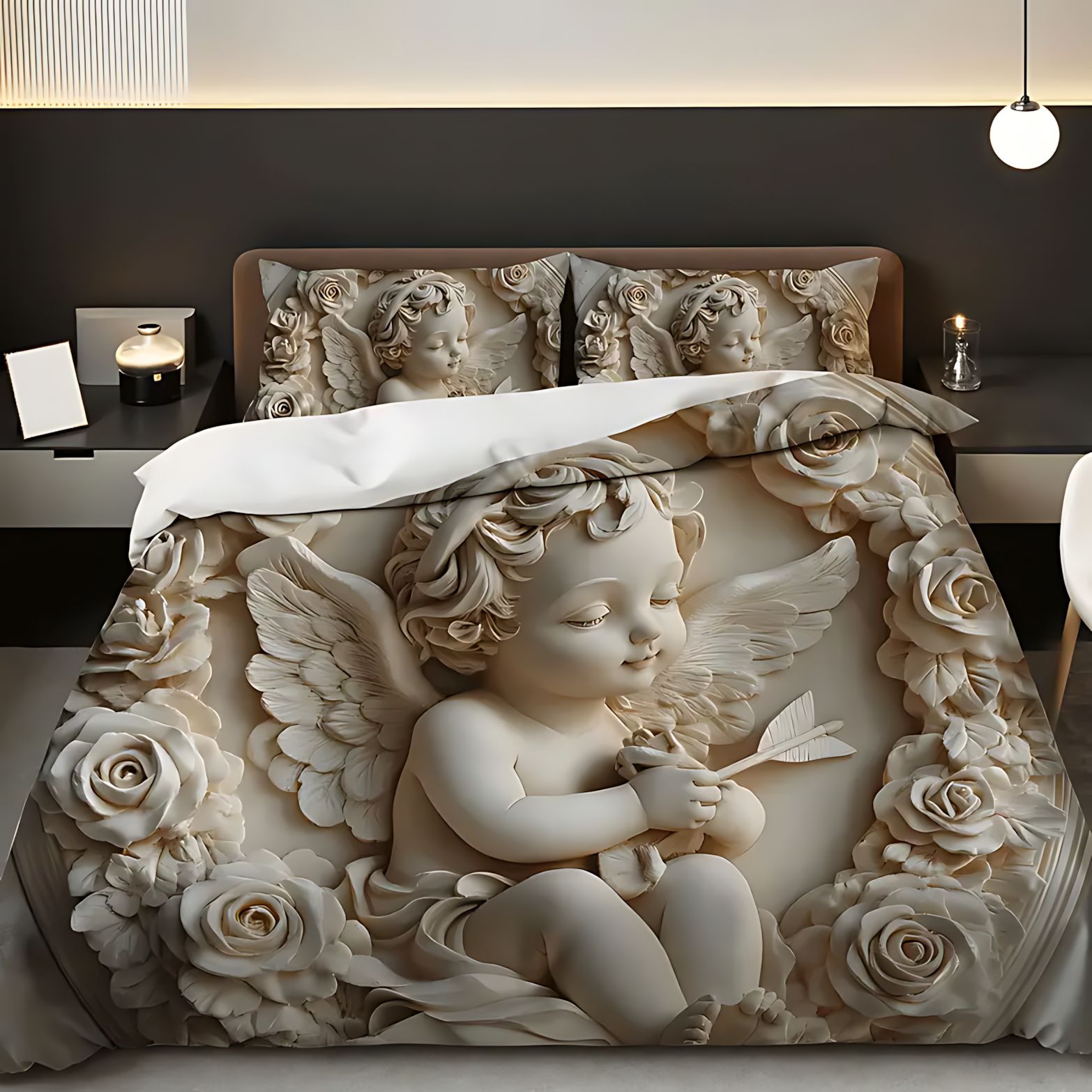 TEMU / JIT Cross-border nuevo diseño de relieve de ángel rosa impresión digital 3D colcha de colchón conjunto de almohada