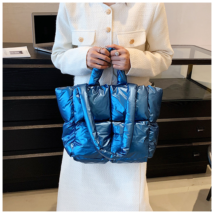 Down Bag Women Fashion Large Capacity Tote Bag High grade Shiny Handbag Simple Checkered Cotton Bag Shoulder Bag_voghion.com