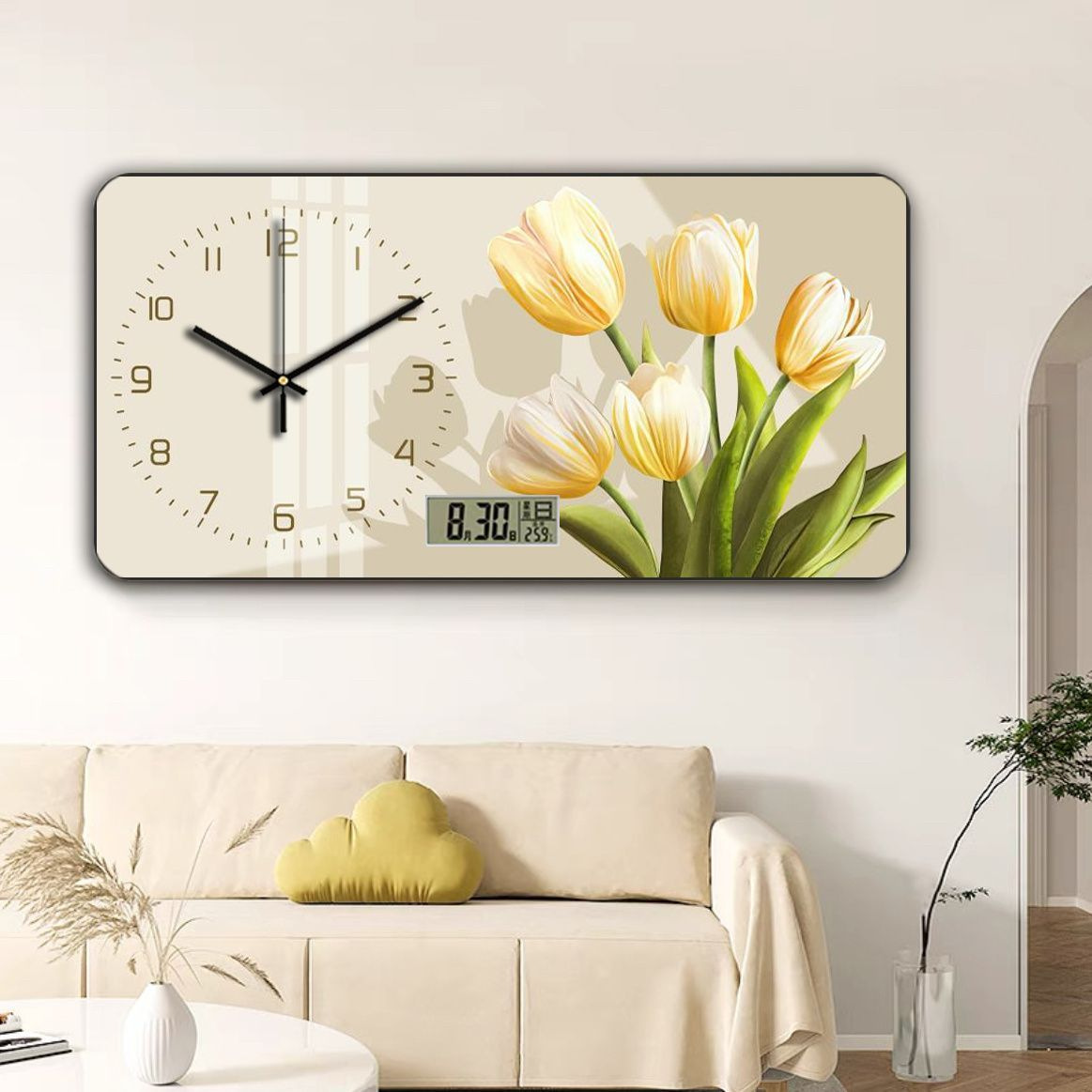 Plantas verdes frescas, reloj de pared, pintura decorativa creativa, calendario perpetuo, reloj electrónico, reloj de sala de estar, pintura de reloj de estilo crema fresca