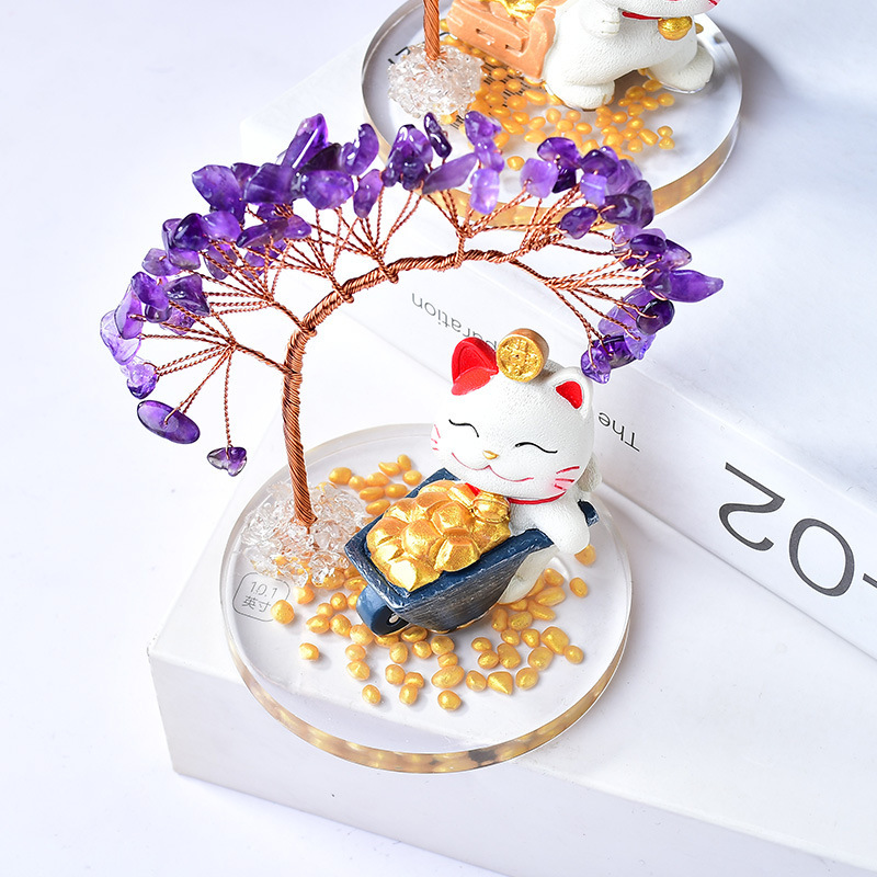 天然水晶フォーチュンツリー招き猫装飾品車ホームオフィスレジデスクトップアクセサリークリスマスギフト|undefined