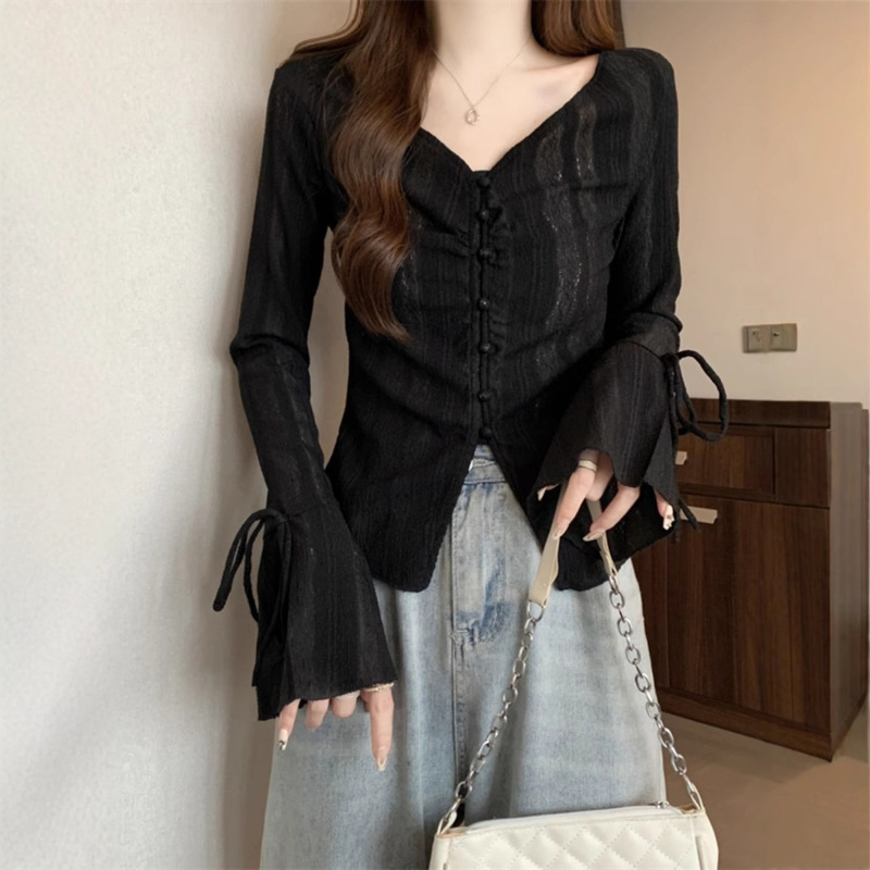 Korean Fashionable Sexy Clavicle Long-sleeved Pure Desire Top Women's Spring and Autumn Tight Waist Slimming Trendy Trumpet Long-sleeved Top Korean Fashionable Sexy Clavicle Long-sleeved Pure Desire Top Women's Spring and Autumn Tight Waist Slimming Trendy Trumpet Long-sleeved Top