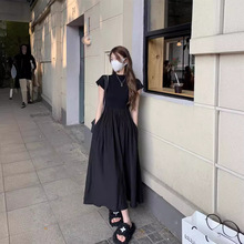 A实拍黑色连衣裙女夏季拼接短袖圆领收腰显瘦长裙高级感气质裙