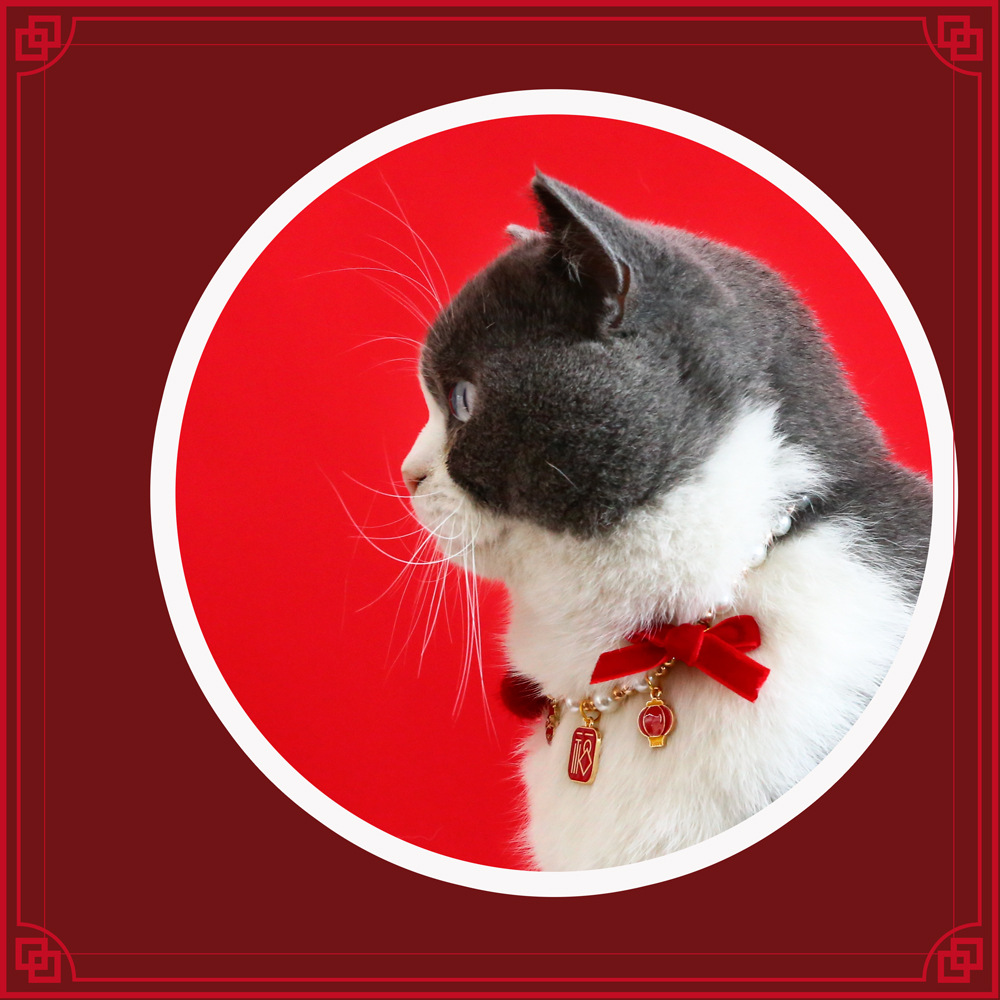 Perla de seda de mascota arco de Año Nuevo colgante de Navidad gato perro conejo collar accesorios de collar ajustable del Festival de Primavera