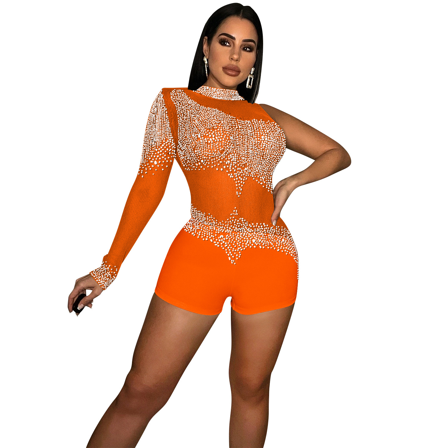 C5841 transfronteriza nueva AliExpress moda europea y americana sexy apretado club nocturno mono Perspectiva de malla de manga única para las mujeres image 11