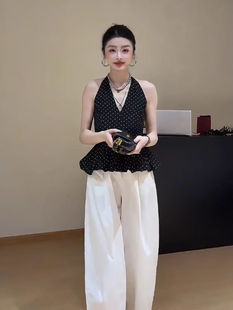 Korean Black Polka Dot Halterneck Camisole Women's Summer Design Puffy Ruffled Hem Sleeveless Top