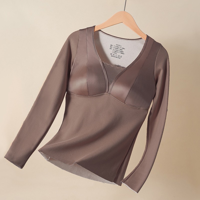 Otoño y invierno satin lana seda cálida mangas largas ropa interior molida damas con almohadilla de pecho para proteger el estómago de la camiseta delgada camiseta superior