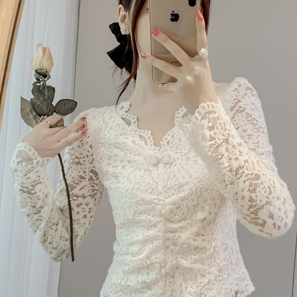 2025V领秋季长袖蕾丝打底衫秋天新款磨毛蕾丝衫时尚洋气上衣女