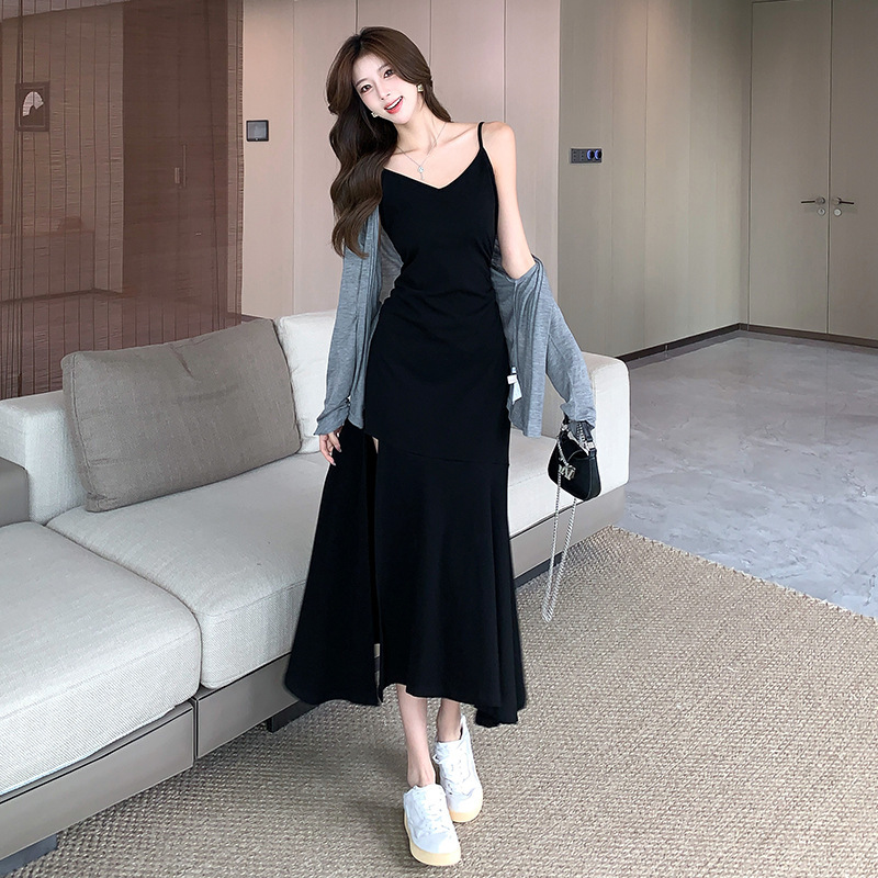 2025 Autumn New Slit Fishtail Suspender Dress Women's Sunscreen Cardigan Jacket Temperament Two-Piece Waist Slimming