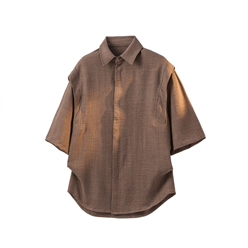 Old Money Style Men's Two-in-One Shirt, Men's Short Sleeve Summer Thin Brown Japanese Style Casual Shirt Old Money Style Men's Two-in-One Shirt, Men's Short Sleeve Summer Thin Brown Japanese Style Casual Shirt