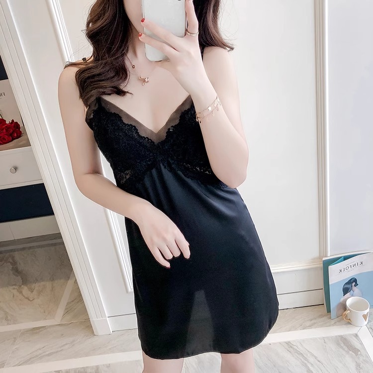 Ice Silk Pajamas Women's Summer Sling Nightgown Nightgown with Chest Pad Pure Desire Style 2024 New Sexy Home Clothes Set