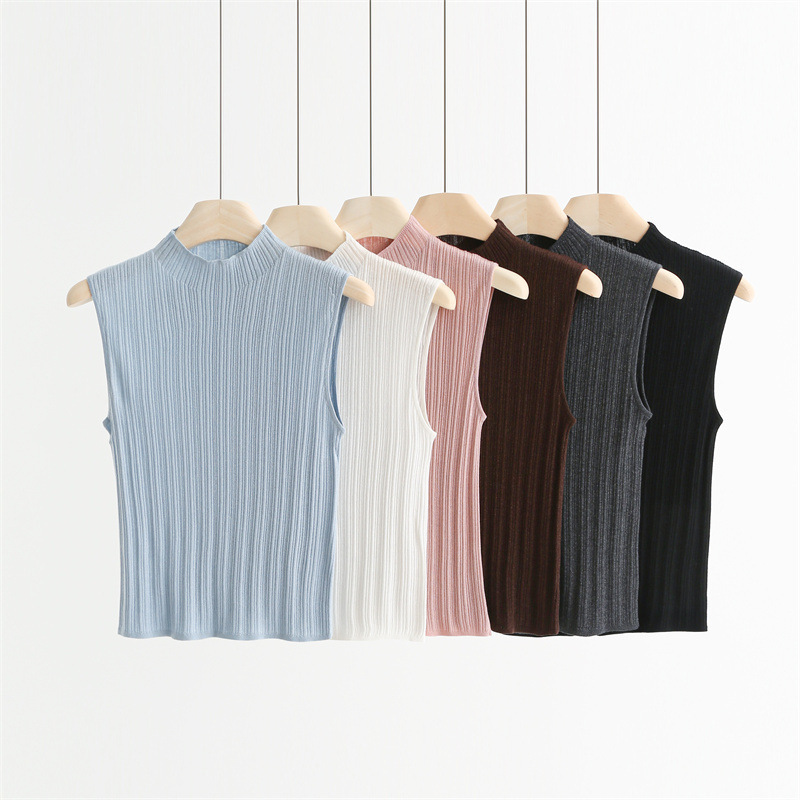 Shimmering gold and silver thread half-high collar ribbed tank top for women, wool blend, slim fit, sleeveless, for autumn 966012A Shimmering gold and silver thread half-high collar ribbed tank top for women, wool blend, slim fit, sleeveless, for autumn 966012A