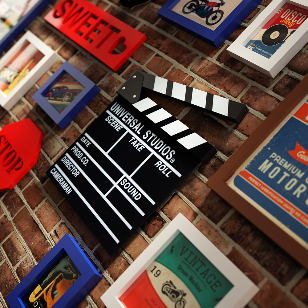 高分子0074復古LOFT照片牆掛鍾LED燈帶組合相框鐘錶發光裝飾畫框