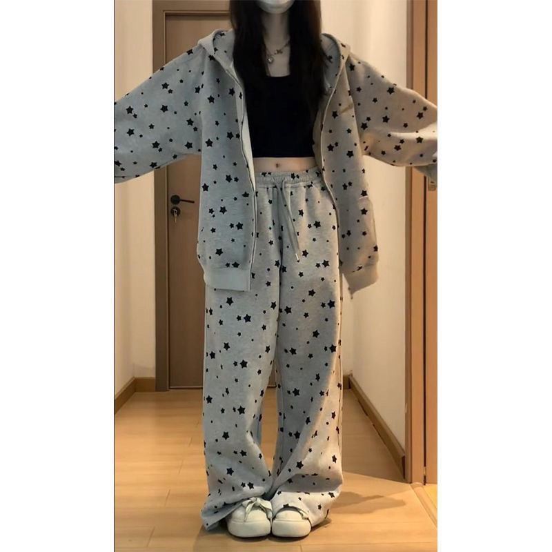 满印美式星星耳朵时尚套装秋季新款连帽卫衣开衫慵懒宽松两件套|undefined