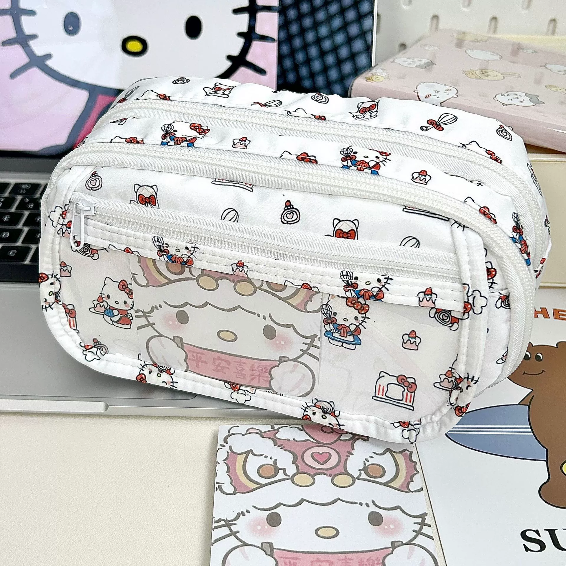 Multilayer capacious pencil case, cosmetic bag for students, kitten