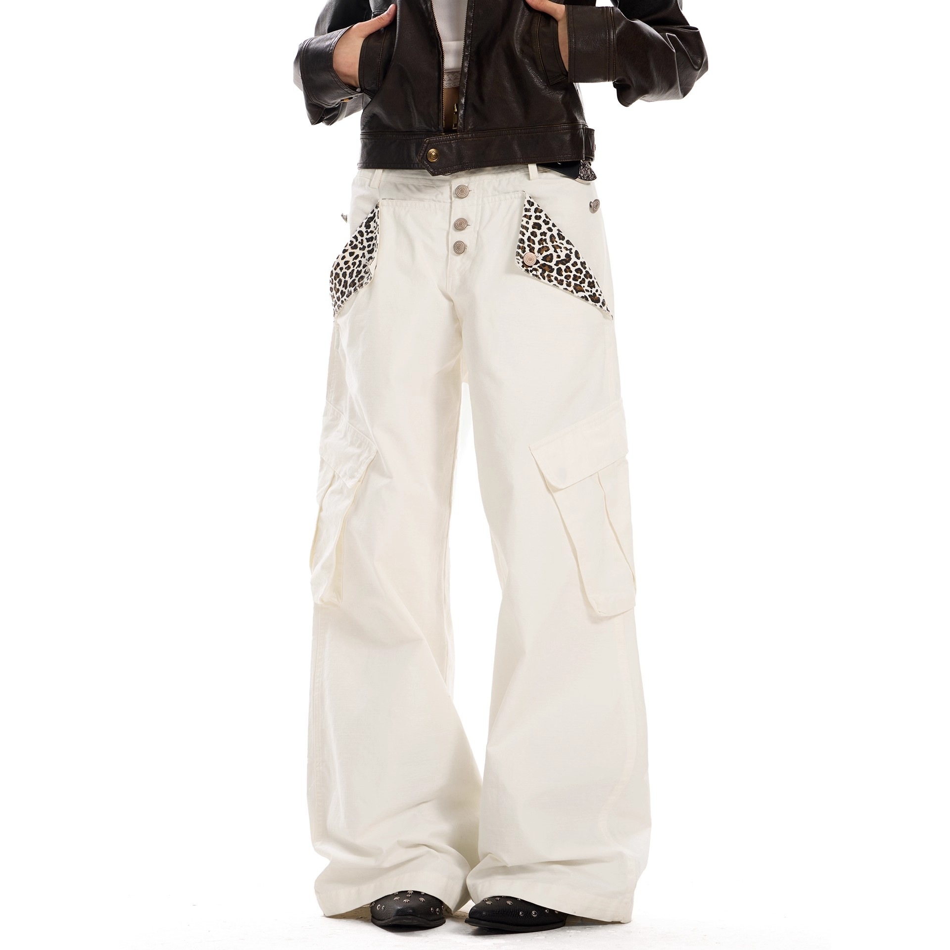 0123Start Retro Leopard Print Patchwork Cargo Pants for Women American Design Niche Straight Wide Leg Casual Pants for Men