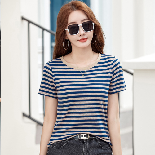 445-Striped Crew Neck Straight Shoulder Short Sleeve T-Shirt for Women Loose Fashion New Design Large Size Korean Style Top T