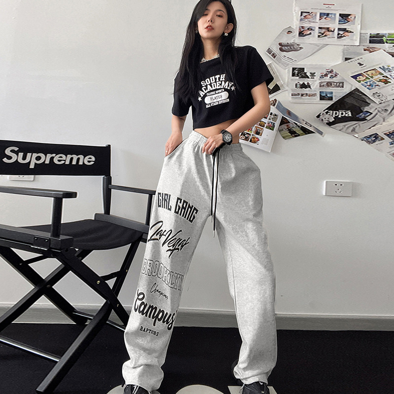 2023春夏新作ジャズダンスヒップホップゆるいストレートカジュアルスポーツパンツ女性insアルファベットワイドパンツ潮|undefined
