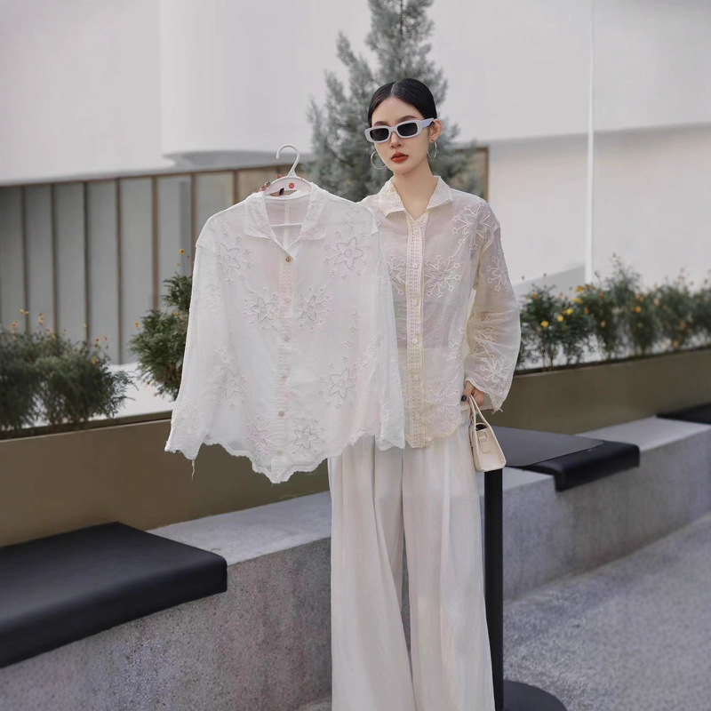 Early Spring New Style Polo Collar Single-Breasted Artistic Cotton-Linen Lace Long-Sleeve Shirt, Youthful and Sweet Girl's Blouse