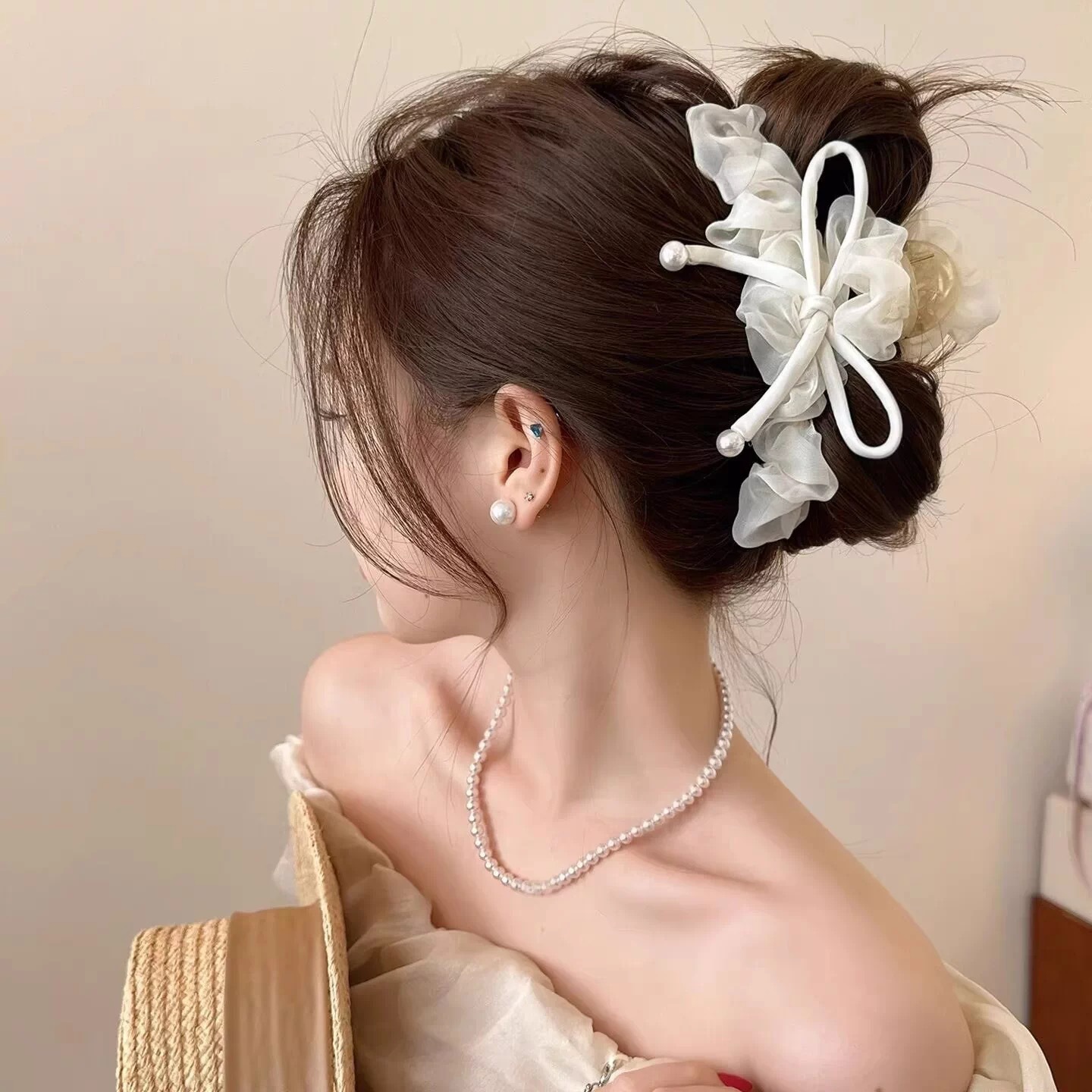 45 # [off-white] mesh pearl three-dimensional bow approximately 13cm