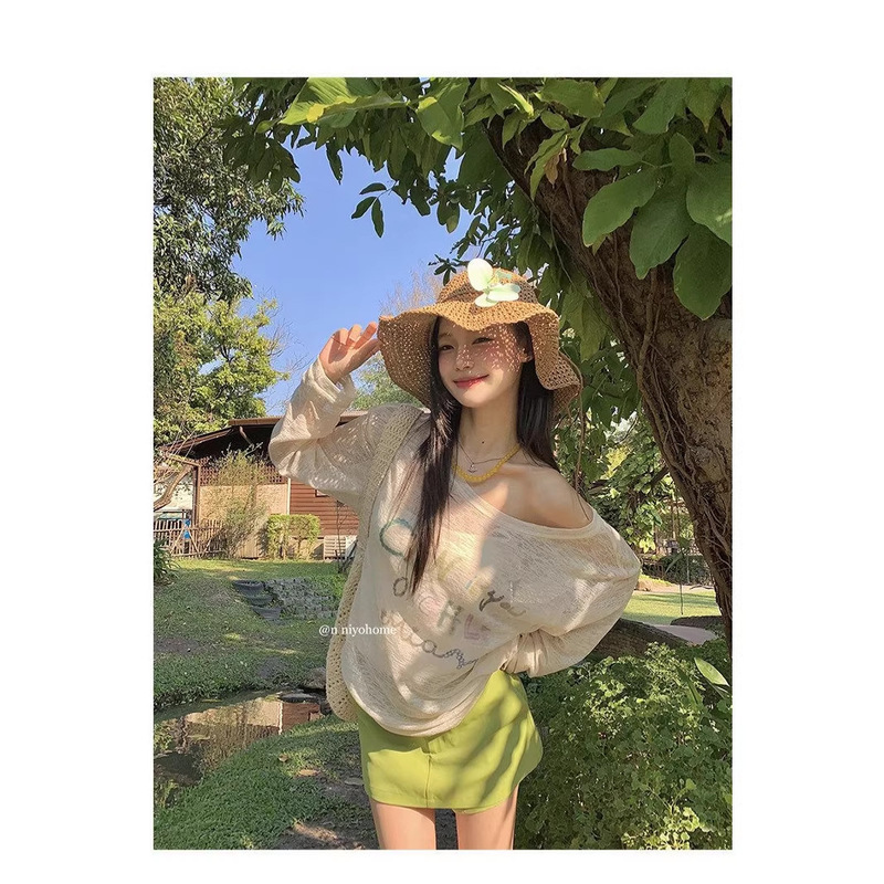 [In-Stock from Our Own Factory] Transparent Blouse T-Shirt for Women, Popular Spring/Summer Style, Fresh Long-Sleeve Korean-Style Printed Top