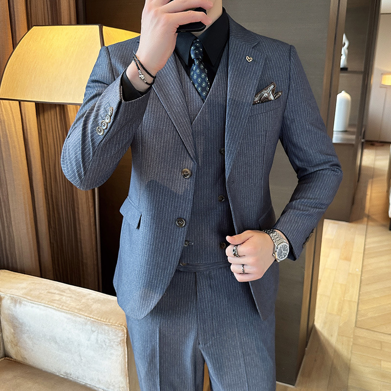 2025 men's autumn and winter new small pinstripe casual high-end suit three-piece handsome business dress suit