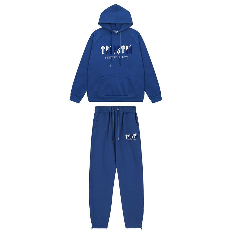 Marca de moda europea y americana trapstar azul y blanco toalla bordado forrado de lana hombres y mujeres pareja suéter pantalones de chándal casual traje azul