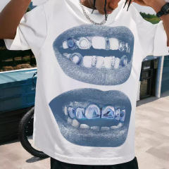 歯ドリル口潮牌半袖ゆるいヒップホップストリートカジュアルカップルtシャツ趣味クリエイティブTEE男性服上着