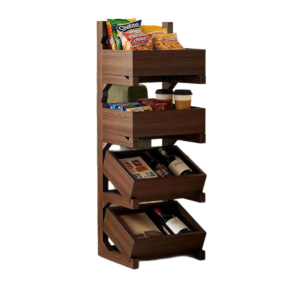Estante de almacenamiento de bocadillos multicapa móvil de madera sólida canasta de almacenamiento de alta sensación medieval de verduras de madera canasta de frutas