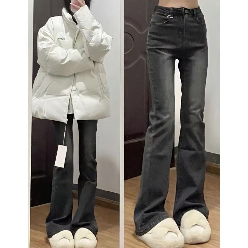 빈티지 기모 마이크로 플레어 청바지 여성의 가을과 겨울 새로운 틈새 디자인 센스 높은 허리 슬리밍 바지