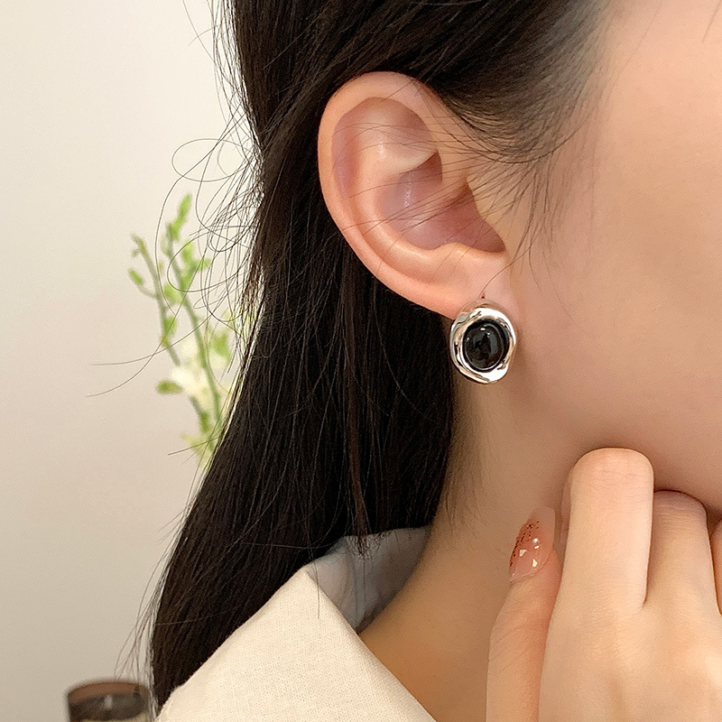 Oval Stud Earrings Tiger Eye Black Agate French Style For Women_voghion.com