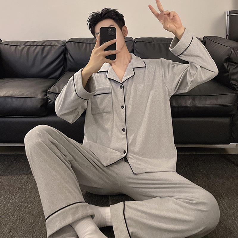 Pijama de hombre de cotton primavera / otoño / invierno de coral acolchado simple cardigan de color sólido conjunto de ropa de hogar