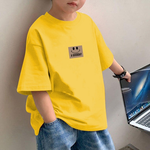 2018 Pure Cotton Summer Half-Sleeve Boys and Toddlers Summer Clothing Simple Loose Smiling Face Top T-Shirt for Older Children