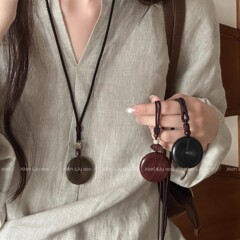 新中式国风檀木平安扣吊坠项链女编织绳长款毛衣链复古简约配饰品