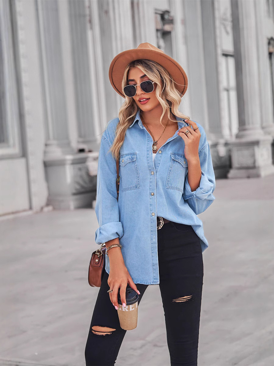 European and American Cross-Border Wish Amazon Independent Station New Slim Denim Jacket Single-Breasted Long-Sleeve Casual Shirt for Women