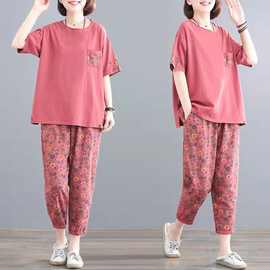 跨境妈妈装胖mm大码休闲运动服套装女2022夏装宽松洋气短袖两件套