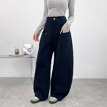 纯棉藏青色铆钉工装牛仔裤女秋季2025新款高腰显瘦休闲弯刀阔腿裤