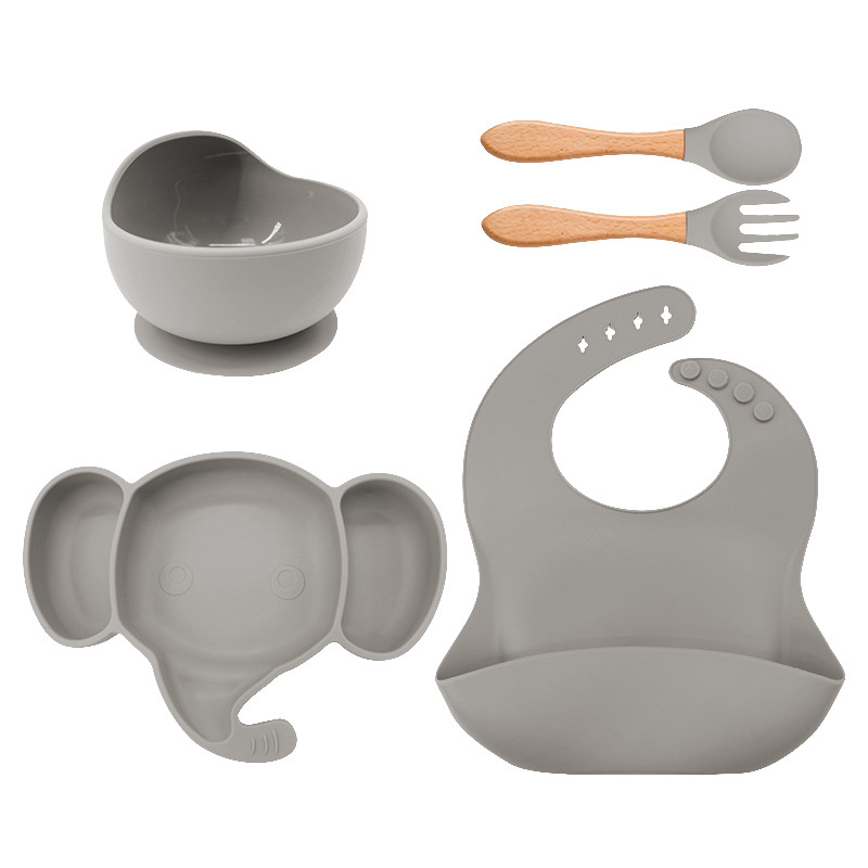Plato de cena de silicona para niños tenedor cuchara traje de babero suministros maternos e infantiles traje de vajilla de alimentación infantil de grado alimenticio de silicona
